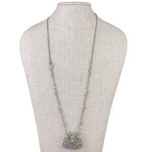 Vintage Silver Tone Metal Pendant Necklace With Ornate Filigree Purse Design